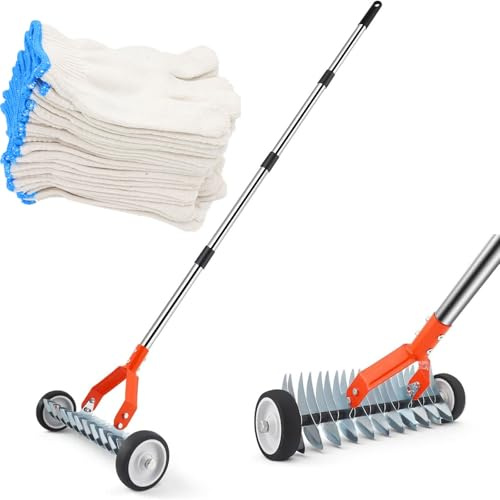 Rastrillo de Paja con Rueda, rastrillo de Paja para césped de 166 cm con Mango Ajustable, escarificadores Resistentes para césped, para Limpiar Hierba Muerta, Suelo Duradero para jardín Orange