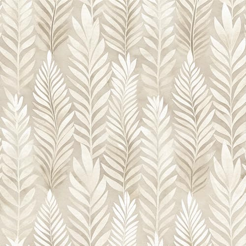Douthfolle Beige Leaf Peel and Stick Wallpaper, 44 x 1000 cm Boho Self Adhesive Wallpaper Modern Beige Leaf Plant Floral Self Adhesive Furniture Wrap for Living Room,Bathroom,Cabinets,Kitchen