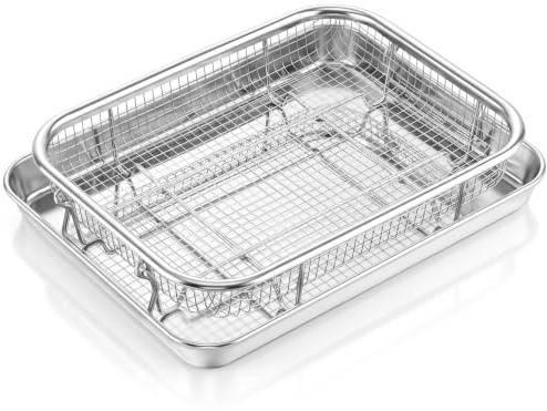 Herogo Stainless Steel Rectangle Baking Tray & Basket 2 Pcs Set for Oven | Crisper Oven Tray with Crisping Basket, Metal Cookie Sheet Pan and Mesh Crisping Grill Basket for Fried Chicken and Fries