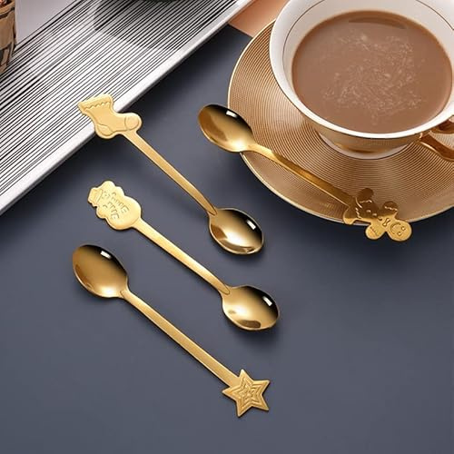 Aramox Set di Cucchiaini da caffè Set di Cucchiai da Dessert in Acciaio Inossidabile 4 Pezzi Cucchiai Natalizi Lucidati a Specchio con 4 Modelli per caffè, tè, Dessert a Casa per Amici di Famiglia
