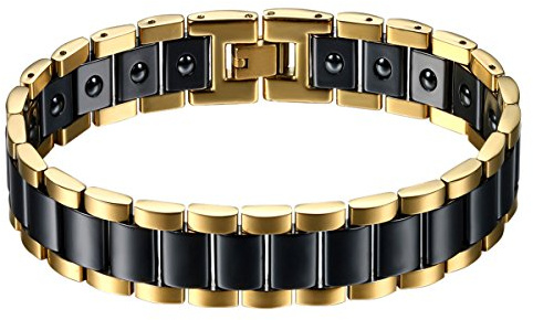 Cupimatch Armband Herren Edelstahl Keramik Herrenarmband Schwarz Gold Weiß, 13mm Breite Klassiker Poliert Link Handgelenk Magnetarmband Gesundheitsarmband Biker Armreif für Männer