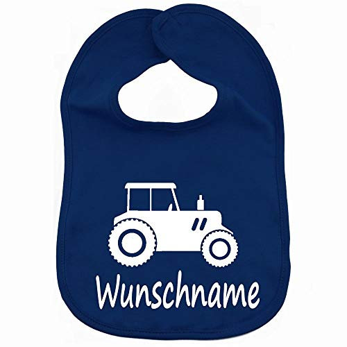 Elefantasie Lätzchen mit Name personalisiert aus 100% Baumwolle Babylätzchen doppellagiger weicher Stoff 38cm lang dunkelblau Motiv Traktor