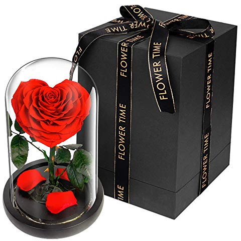 XUMI Rose Eternelle sous Cloche La Belle Et La Bete avec Un Beau Design De Coeur Créatif pour Thanksgiving, Noël, Saint Valentin, Cadeau d'anniversaire De La Fête des Mères,Rouge