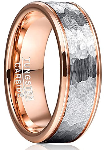 Cloyo Ringe Herren Silber Rosegold 8mm Breite Männer Verlobungsring Gehämmerte Ringe Wolframcarbid mit Dünnen Rillen Größe 67.2 (21.4)