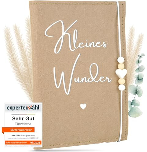 MAHEWA® Premium Mutterpass-Hülle aus Filz - mit Fach für Ultraschallbilder und Kärtchen - Mutterpassschutzhülle (Beige, Mutterpasshülle Kleines Wunder)