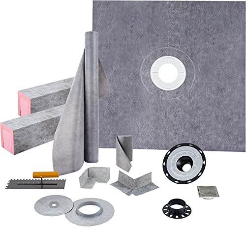 VEVOR Shower Curb Kit, 48x48 Watertight Shower Curb Overlay with 4 ABS Central Bonding Flange, 4 Stainless Steel Grate, 2 Cuttable Shower Curb and Trowel, Shower Pan Slope Sticks Fit for Bathroom