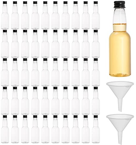 Cedilis 50 Pack 3.4 oz(100ml) Mini Liquor Bottles With Funnels, Airtight Plastic Spirit Container With Black Cap, Clear Alcohol Shot Bottles, Miniature Bottle for Weddings, Parties