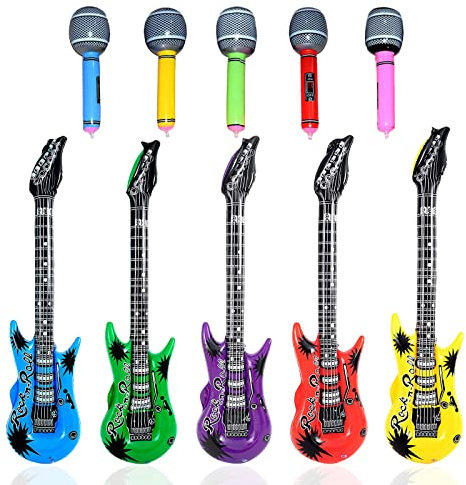 VIKSAUN 10 Pezzi Gonfiabili Rock Star Giocattolo Set 5 Chitarre Gonfiabili 5 Microfoni Giocattoli gonfiabili Bambini Decorazione per Feste Rock and Roll Forniture per Feste Regali (10 Pezzi)