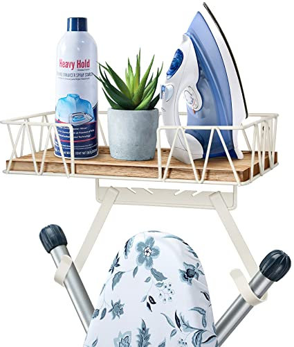 TJ.MOREE Ironing Board Hanger Wall Mount - Laundry Room Iron and Ironing Board Holder with Large Storage Wooden Base Basket and Removable Hooks(T&V Shaped)