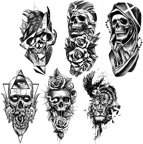Qpout Schädel Temporäre Tattoo für Erwachsene - 6 Blatt für Männer und Frauen, Realistische Totenkopf Hand Arm Ärmel Aufkleber für Halloween/Tag der Toten