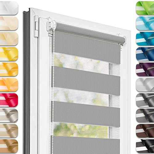 Estika - Estor Doble con Sistema Klemmfix sin taladrar 220 cm x 40 cm - Gris - 27 Colores, Estor dúo para día y Noche, protección Visual para Ventanas