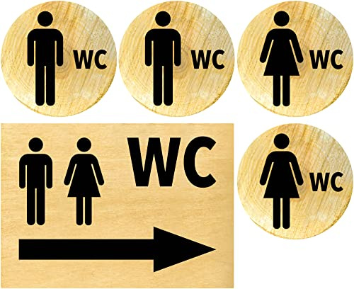 Clever Pool Set di adesivi per WC da donna e da uomo, cartello – resistente alle intemperie – cartello per porta – targhetta pellicola – D = 148 mm (2 WC H-D+ Pfeil rechts Holz, in lingua tedesca)