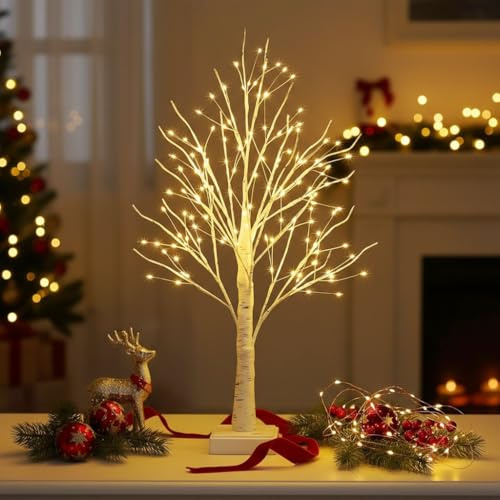NXUEBDU 2ft Lighted Birch Tree with 144 Warm White LEDs - Small White Christmas Tree with Lights Centerpiece for Tabletop & Holiday Decor, Gift Ready Indoor Tree with Timer, USB/Battery Powered