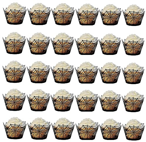 MEISH 30 Stück Cupcake-Förmchen Spinnennetz Schneiden Papier Liner Party Kuchen Dekorationen für Halloween Party Hochzeit Geburtstag Dekorationen