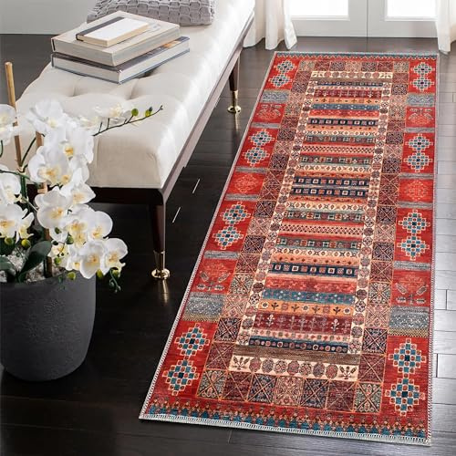 NETLINE Home Tappeto lavabile in lavatrice per cucina, camera da letto, sala da pranzo e soggiorno, adatto agli animali domestici, design orientale, pelo basso, antiscivolo (rosso)