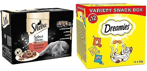 Sheba Select Slices in Gravy – Succulent Selection – Wet Cat Food Pouches for Adult Cats – Pack of 4 & Dreamies Variety Snack Box 12 x 60 g Pouches, Cat Treats Tasty Snacks with Delicious Chicken