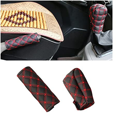JNNJ Juego de 2 Fundas para Pomo de Cambio y Freno de Mano en Polipiel, Funda de Piel Sintética para Palanca de Cambios de Coche 2 en 1, Fundas Protectoras para Freno de Mano de Cuero PU（Rojo）