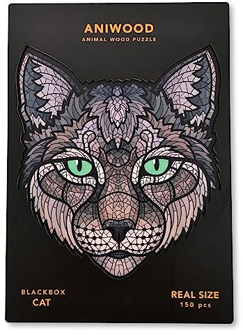 ANIWOOD Holzpuzzle Erwachsene Tieren. Gestanzter Deckel, Lebensgroße Puzzle-Box. 3 Schwierigkeitsmodi, dekoratives Element. Einzigartige Puzzleteile (Katze, M)