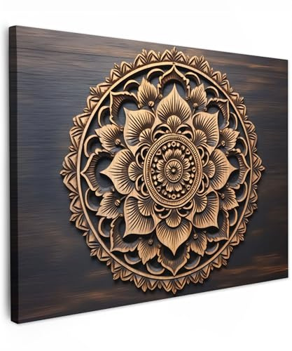 MuchoWow© Bild auf Leinwand Schlafzimmer Bilder Wand Deko Wohnzimmer Modern | 80x60 cm - Wanddeko Bilderwand Geschenk Mandala - Holz - Blumen - Braun