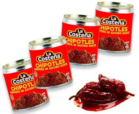 Piments chipotle en sauce adobo de La Costeña Lot de 4 (199 g chacun) Piments fumés et piquants dans une sauce tomate épicée Idéal pour les plats mexicains