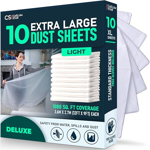 CS 10 Pack Extra Large Plastic Dust Sheets for Decorating 3.6 x 2.7m (12 x 9ft), Light Dust Sheet for Painting & Furniture, Plastic Sheet-Plastic Sheeting-Decorating Tools-Decorating Sheets-Dust Cover