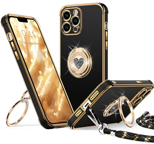 XYZ for iPhone 12 Pro Case with Stand, Double Ring Holder Case Heart with Lanyard for Girls Women, Luxury Cute Bling Protective Phone Cover for iPhone 12 Pro, Black