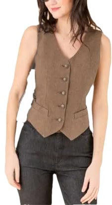 REHJJDFD Damen Anzugweste V-Ausschnitt Wolle Ärmellos Jacke Punk Weste Fischgrätenkleidung Lady Westen, braun, 36