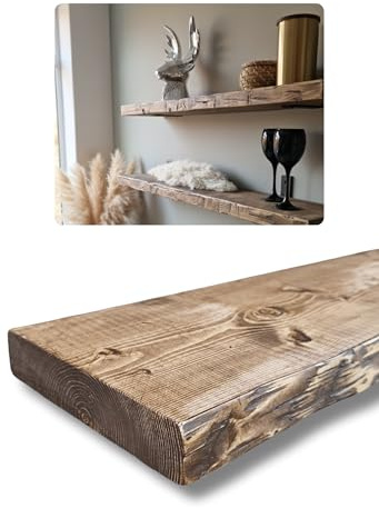 HOLLIS-WOOD Antikes Wandregal aus Massivholz – Regalbrett im gealterten Vintage-Look – schwebend oder mit Stahlwinkel - Küche, Wohnzimmer, Terrasse (120 cm)