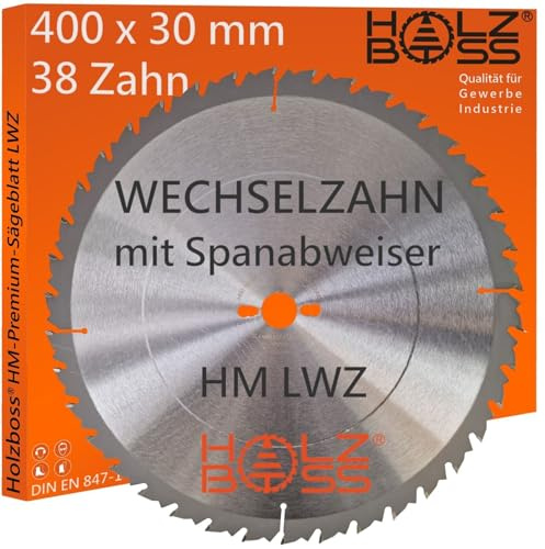 Holzboss ® HM-Sägeblatt 38 x Zahn LWZ 400 x 30 mmØ L-Wechselzahn mit Spanabweiser Rückschlagarm HW Kreissägeblatt WZ für Längschnitte Querschnitt Wippsäge Tischkreissäge Feinschnitt Holz