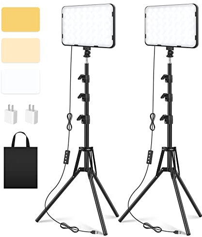 2 Pack LED Video Photography Lighting Kit with 62.99'' Tripod Stand, Unicucp 2500-8500K Dimmable Studio Streaming Light for Video Recording Filming, Live Game YouTube, Portrait Shooting, USB Charger
