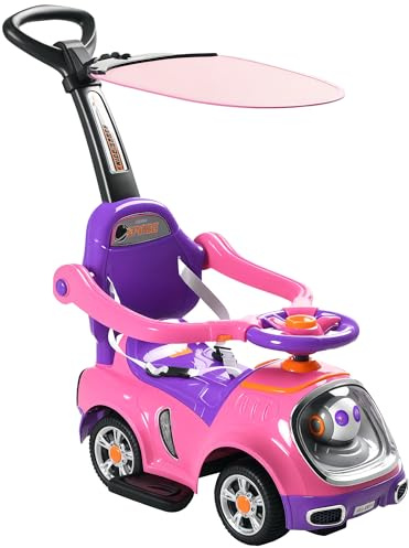 AIYAPLAY 3 in 1 Ride on Push Car, Cartoon Robot Theme Foot to Floor Slider, Baby Push Along Car with Parent Handle, Light Music Horn, Underneath Storage, for Boys Girls 12-36 Months - Pink