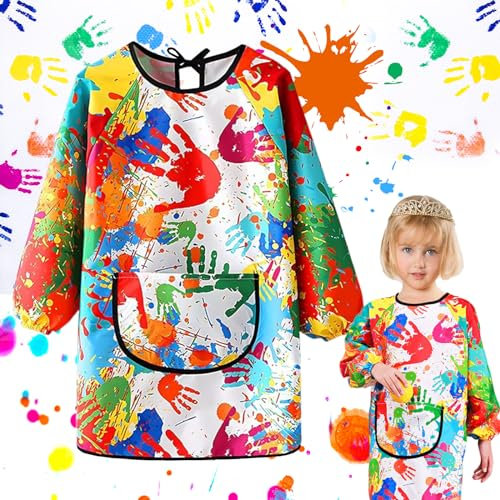 Mumjooyi Malschürze Kinder Mit Taschen - Verstellbare Und Wiederverwendbare Bastelschürze 6-11 Jahre Für Mädchen/Junge - Malkittel Für Schule, Basteln, Malen, Backen Und Kochen