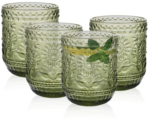 Hebaogugu 350 ml/12 oz Glass Tumblers, Coloured Drinking Glasses Set of 4 for Wine, Milk, Tea, Beverage, Vintage Water Glasses for Home & Restaurant(Green)