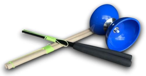 PlayMasterTec Diábolo Azul para Niños y Principiantes, Kit Completo con Palos de Madera y Fibra, Cuerda de Repuesto, Bolsa de guardado, Juego Educativo y Divertido de Malabares, Regalo Ideal.