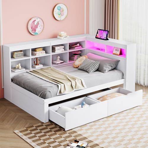 MOBETTRES Massivholzsofa 90 * 200 cm, Mit Ablagefächern, Bett mit USB- und Steckdose mit LED-Leiste, Mit Regalen und Ablagefächern, Viel Stauraum, Multifunktionales Einzelholzbett, Weiß