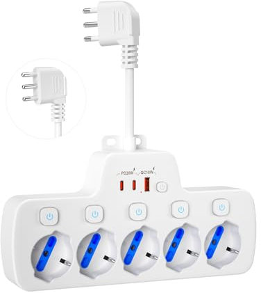 Ciabatta Elettrica Multipresa con USB C,Presa Multipla Salvaspazio con Interruttori Indipendenti 5 Posti Polivalenti Schuko P40 10A/16A,Ricarica Rapida PD20W Cavo Corto Spina Italiana 16A 2P+T,Bianco