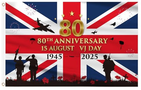AhfuLife 1Pcs VJ Day Flag 3Ft x 5Ft for 80th Anniversary 2025 Decorations, 15th August VJ Day Cloth Flag for 80 Years Victory In Japan 1945-2025 Party Street Garden Outdoor Decorations