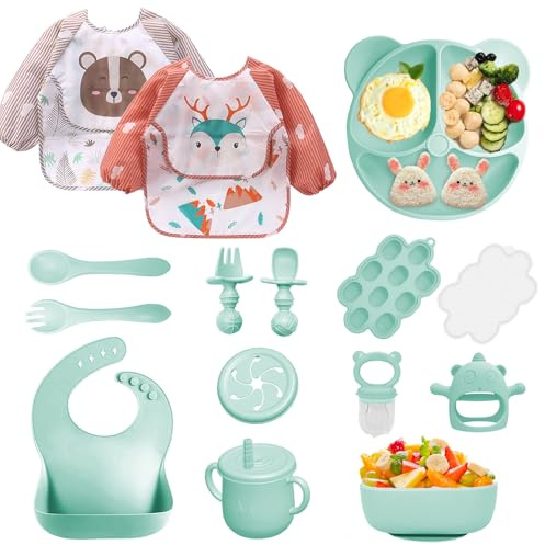 Bizcasa Vajilla Bebe Silicona, 14 Piezas Vajilla de Silicona para Bebés Antideslizante, Cubiertos Bebe para comer destete, Sin BPA, Con Baberos de manga larga Taza Plato Cuenco (Verde 2)