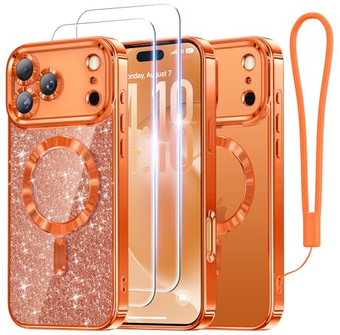 Meifigno Designed for iPhone 17 Pro Max Case 6.9, [Glitter Card & Wrist Strap] [Compatible with MagSafe] [2X HD Screen Protectors] Surround Raised Lens Protection for 17 Pro Max Case, Orange