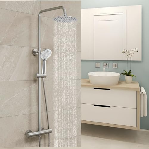 Biubiubath Colonne de Douche avec Mitigeur Thermostatique, Système de Douche Réglable en Hauteur, Douchette 3 Jets, Chromé