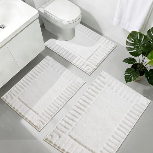 Famibay Badezimmerteppich Set 3 teilig Badteppich rutschfest Waschbar Badematte und WC Vorleger Weich Absorbierende Badvorleger Weiß Badezimmer Teppich