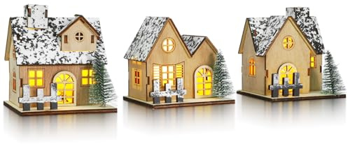 HONMEET 3pezzi Casette di Natale in Legno Luminose LED Mini Villaggio Natalizio da Tavolo Decorazioni Natalizie Rustiche per Interni Adatte per Festa Ufficio e Casa