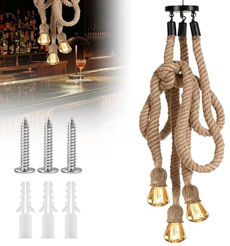 Lámpara colgante vintage GOEDCH de cuerda de cáñamo de 100 cm, ideal para bricolaje: Lámpara colgante de cuerda de 3 luces con casquillo E27 y ventosa incluida.