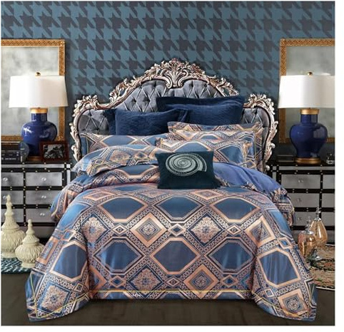 JQQJZLC Cama Conjuntos de Cuatro Piezas, algodón de Seda Jacquard Gris Azul Red Red Wedding Bedding Sets King Queen Size Bed de Cama Divet Cubierta de sábana al por Mayor (E, Queen)