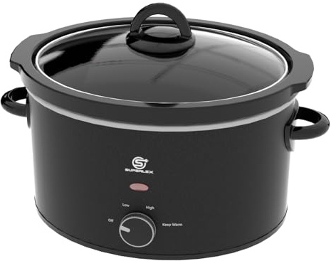SUPERLEX Slow Cooker - Pentola elettrica in ceramica con coperchio in vetro, con funzione di mantenimento in caldo, risparmio energetico, lavabile in lavastoviglie, ideale per stufato, zuppa, carne