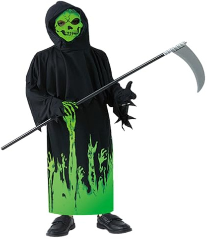 Kreeqe Set di costumi da uomo nero brillante con falce luminosa come accessorio per adulti, adatto per feste di Halloween e cosplay (nero, taglia L)