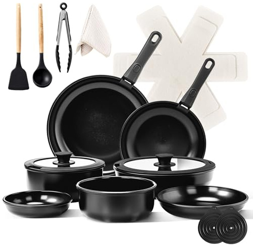 ROVSUN Batterie de Cuisine Induction 23 Pièces, Casserole Induction avec Poignée Amovible, Set de Casseroles et Poêles, 7 Casseroles, 2 Couvercles, Tout Feux, Antiadhésive, Noir