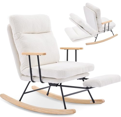 SEEDWAVE Schaukelstuhl aus Cord mit Verstellbarer Rückenlehne (bis 180°) und Fußstütze, Massiveholz-Armlehnen, Lesesessel Schaukelsessel für Schlafzimmer, Wohnzimmer, Tragfähigkeit 136 kg