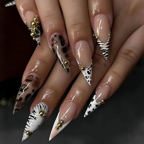 Bubaxuce Lange Stiletto Press On Nägel - Lange Künstliche Nägel, Glänzende Oberfläche, Zebra Streifen und Goldene Chrom Perlen, DIY Kunstnägel - 24 Stück Nagelset mit