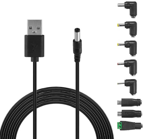 Cavo di alimentazione universale da 5 V USB a CC, 5,5 mm * 2,1 mm Cavo con 8 connettori jack (5,5 x 2,5, 4,8 x 1,7, 4,0 x 1,7, 3,5 x 1,35, 2,5 x 0,7 Micro USB, Type-C, connettore LED)